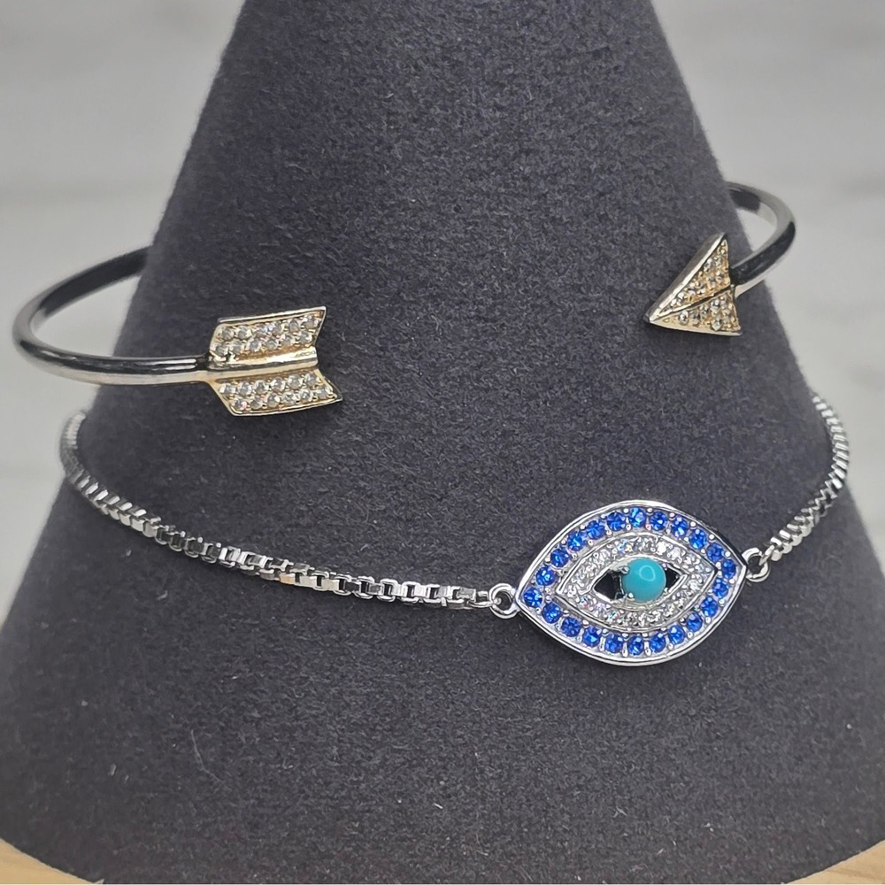 925 Sterling Silver Bracelet Set Evil Eye Bolo & Pave Arrow Cuff Bangle 8.1g
